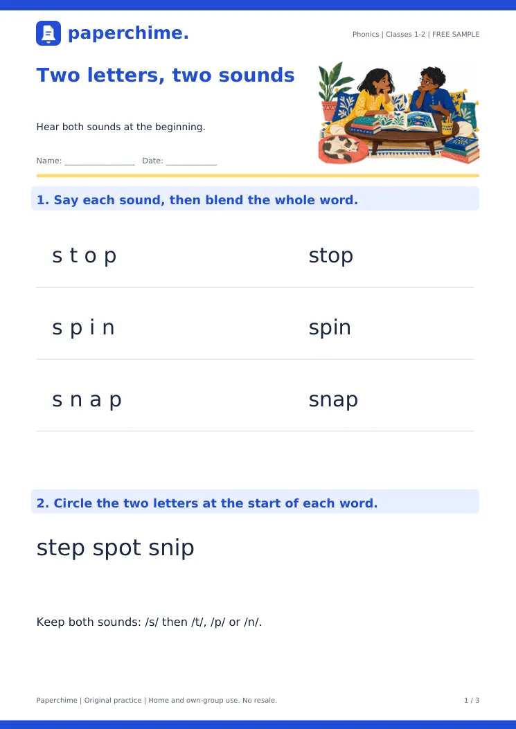Actual illustrated beginning-blends learner sample