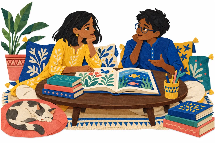 Two South Asian children sharing a picture book, illustrated with flat layers of coloured paper