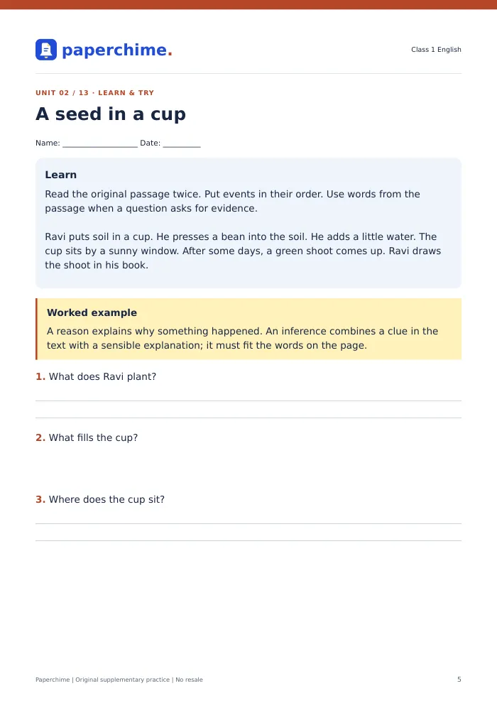 Actual A seed in a cup practice page, Class 1 English