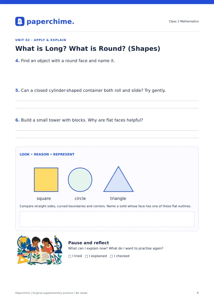Actual What is Long? What is Round? (Shapes) practice page, Class 1 Maths