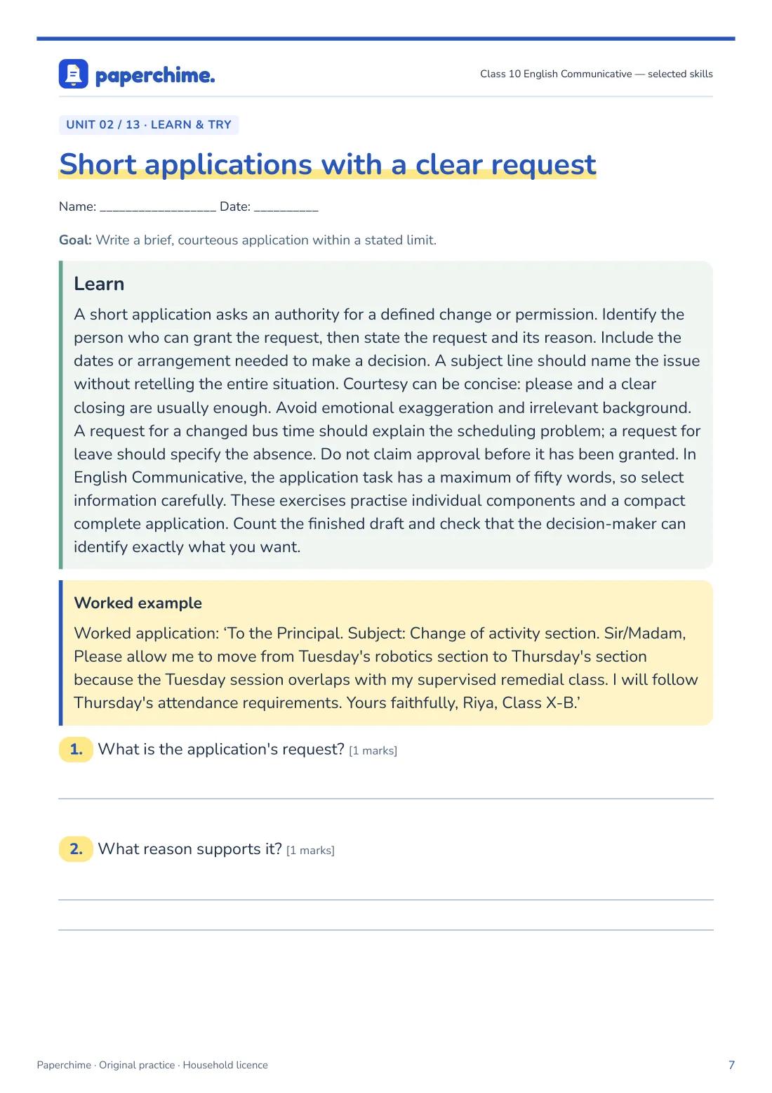 Actual Short applications with a clear request practice page, Class 10 English Communicative