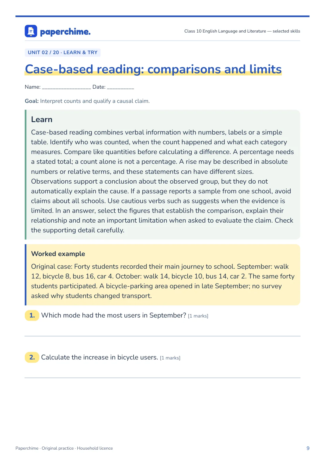 Actual Case-based reading: comparisons and limits practice page, Class 10 English Language and Literature
