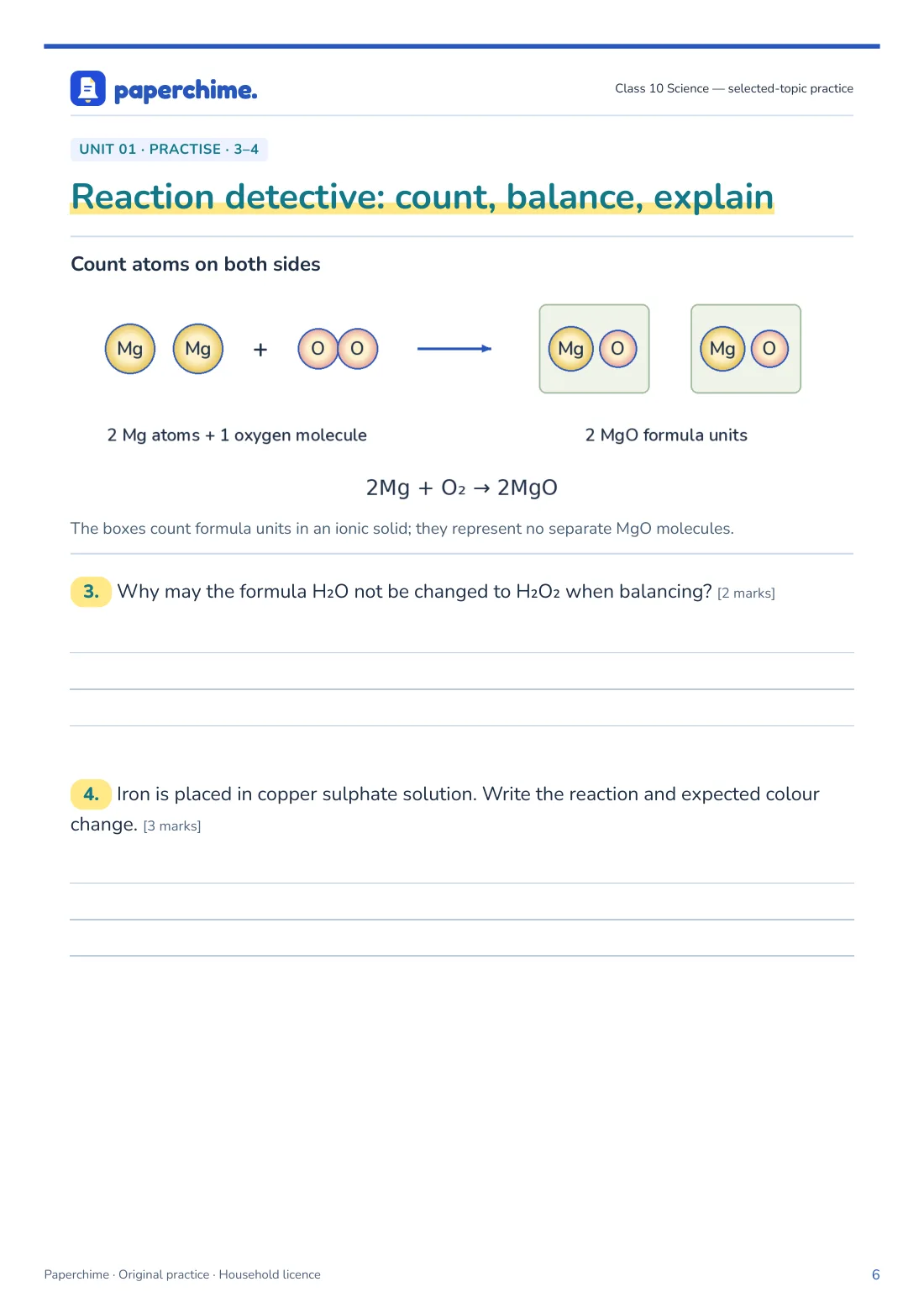 Actual Reaction detective: count, balance, explain practice page, Class 10 Science