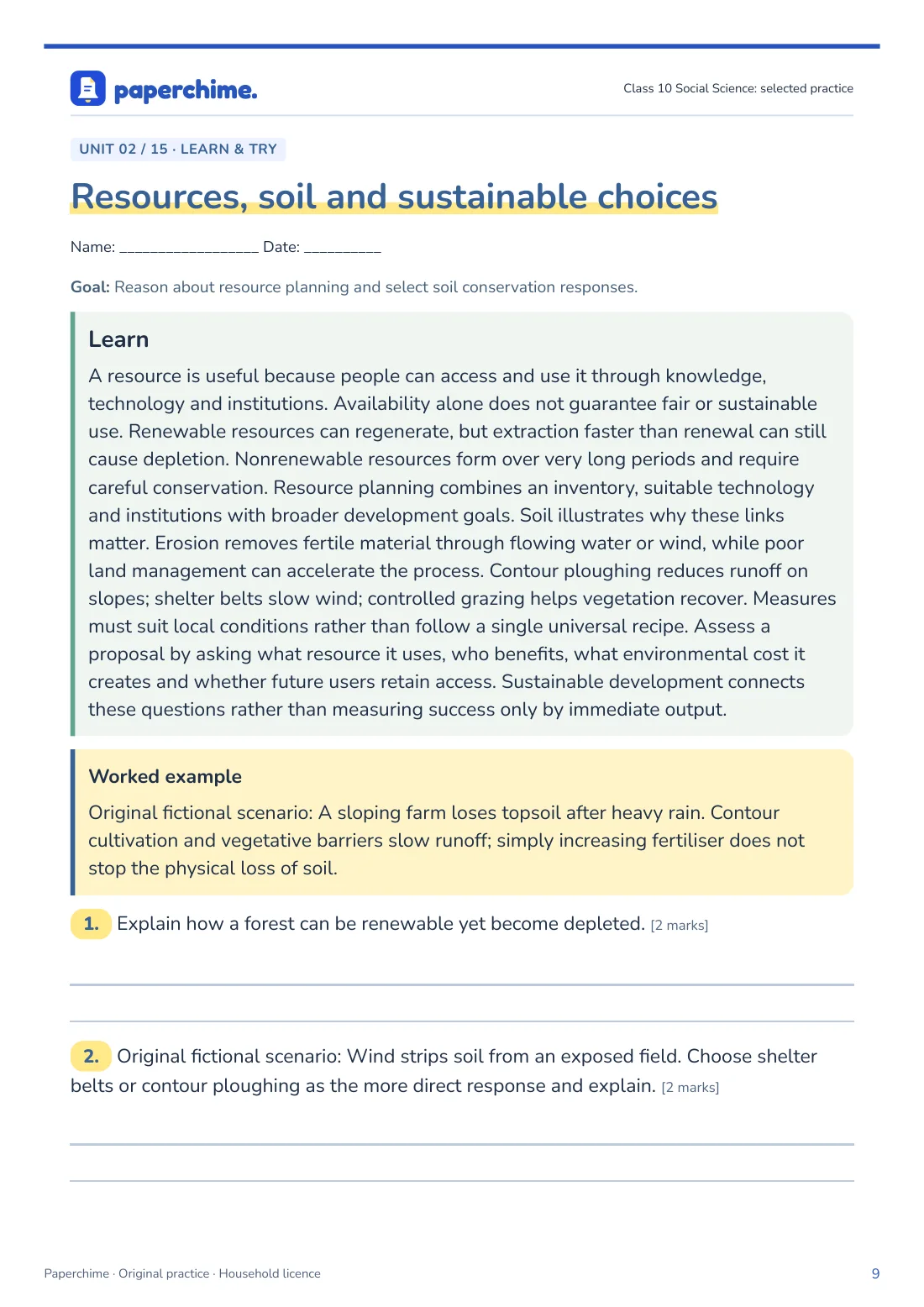 Actual Resources, soil and sustainable choices practice page, Class 10 Social Science