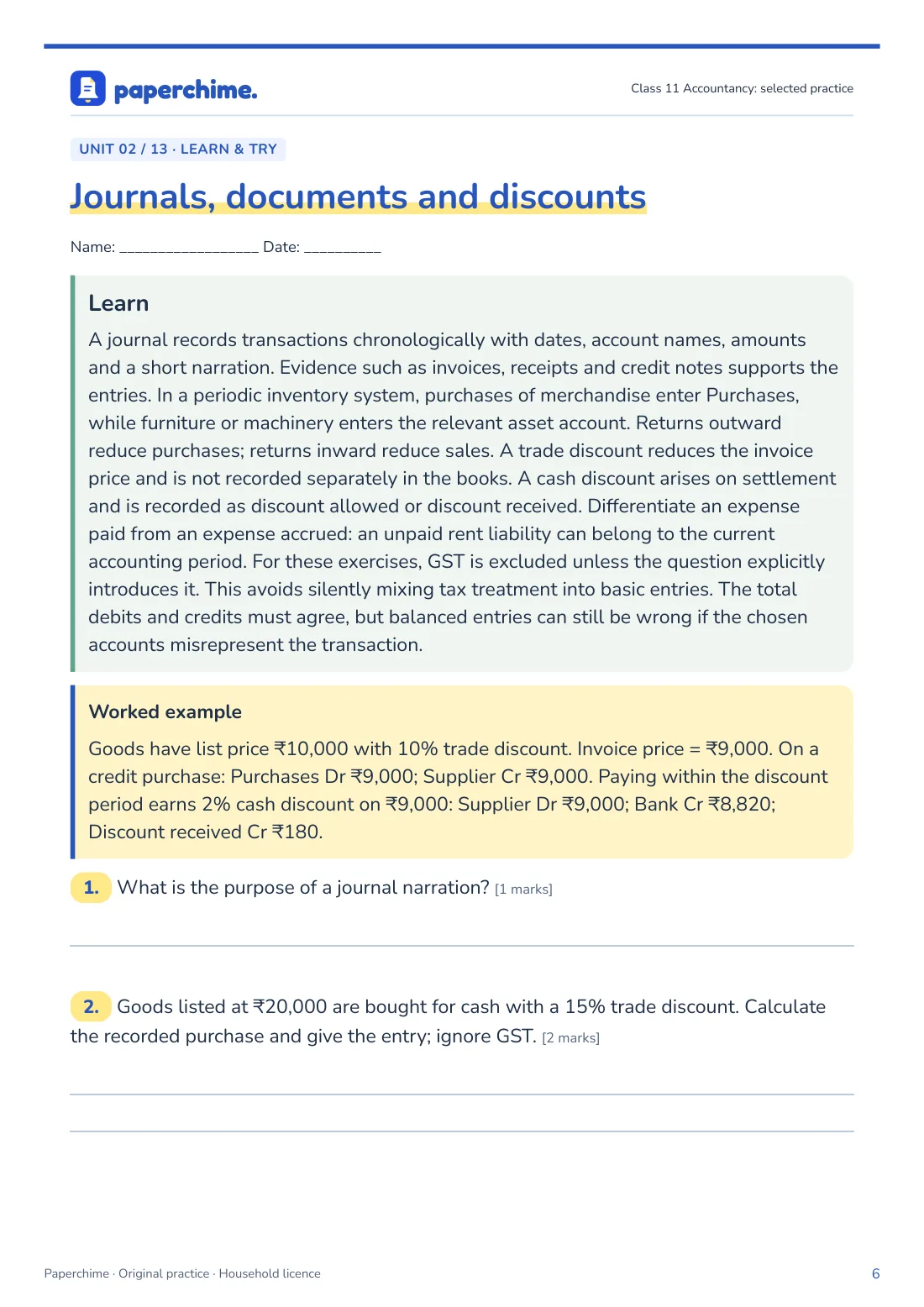 Actual Journals, documents and discounts practice page, Class 11 Accountancy