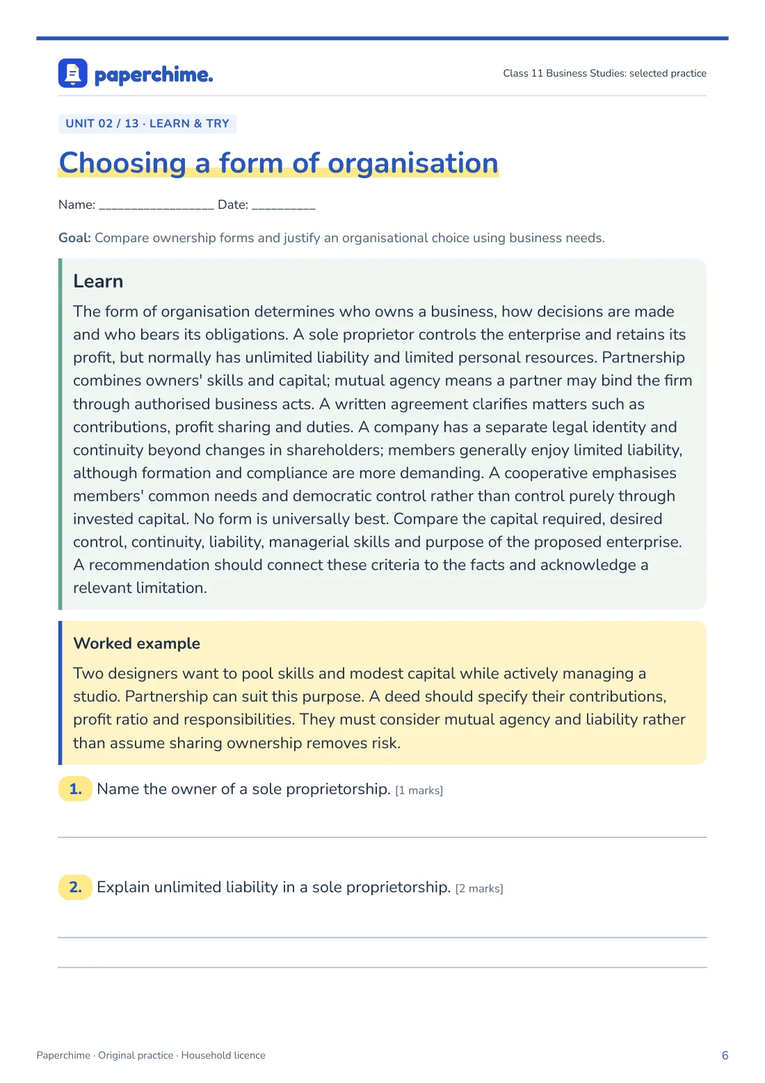 Actual Choosing a form of organisation practice page, Class 11 Business Studies
