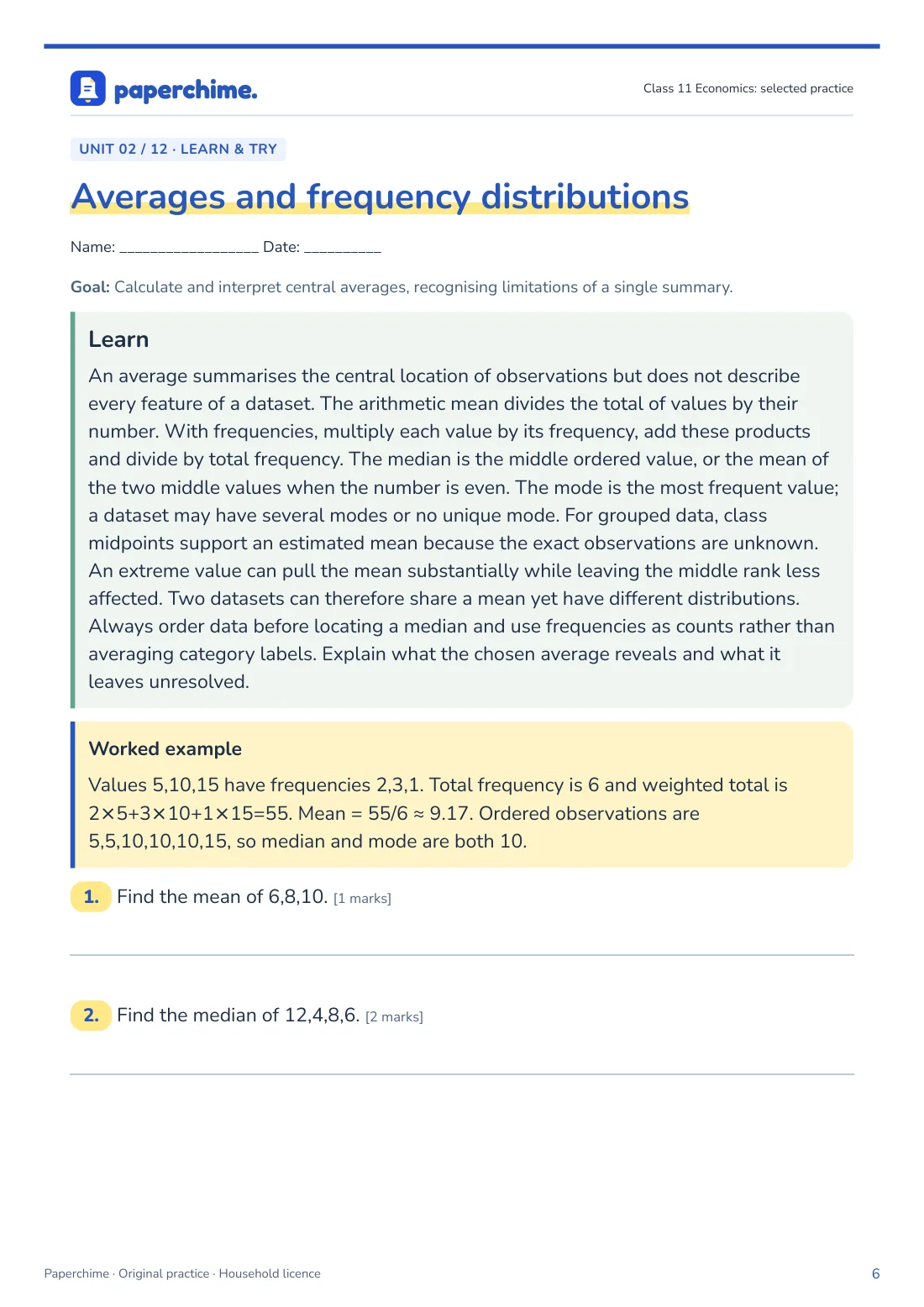 Actual Averages and frequency distributions practice page, Class 11 Economics