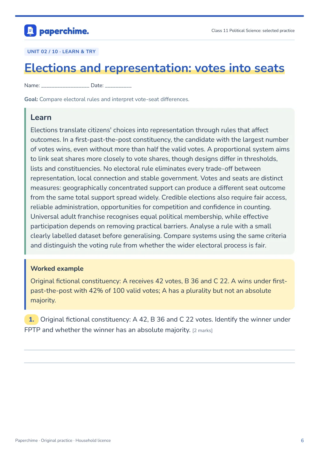 Actual Elections and representation: votes into seats practice page, Class 11 Political Science