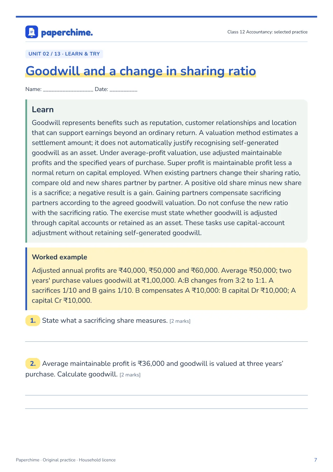 Actual Goodwill and a change in sharing ratio practice page, Class 12 Accountancy