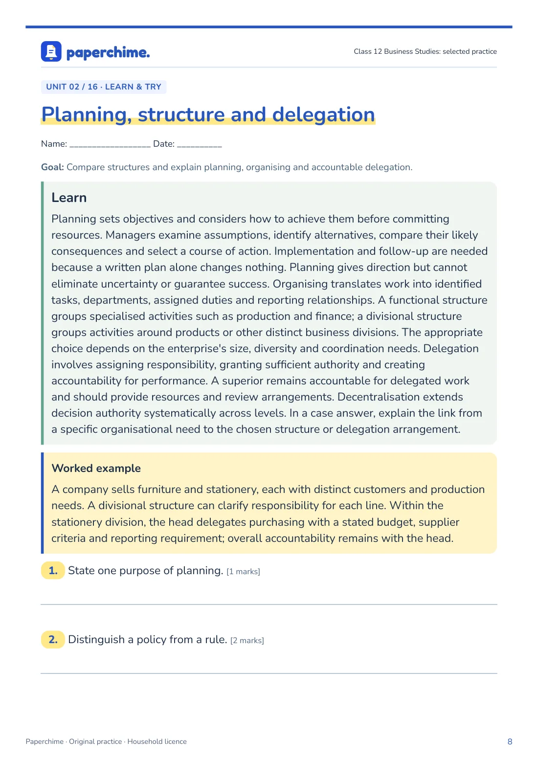 Actual Planning, structure and delegation practice page, Class 12 Business Studies