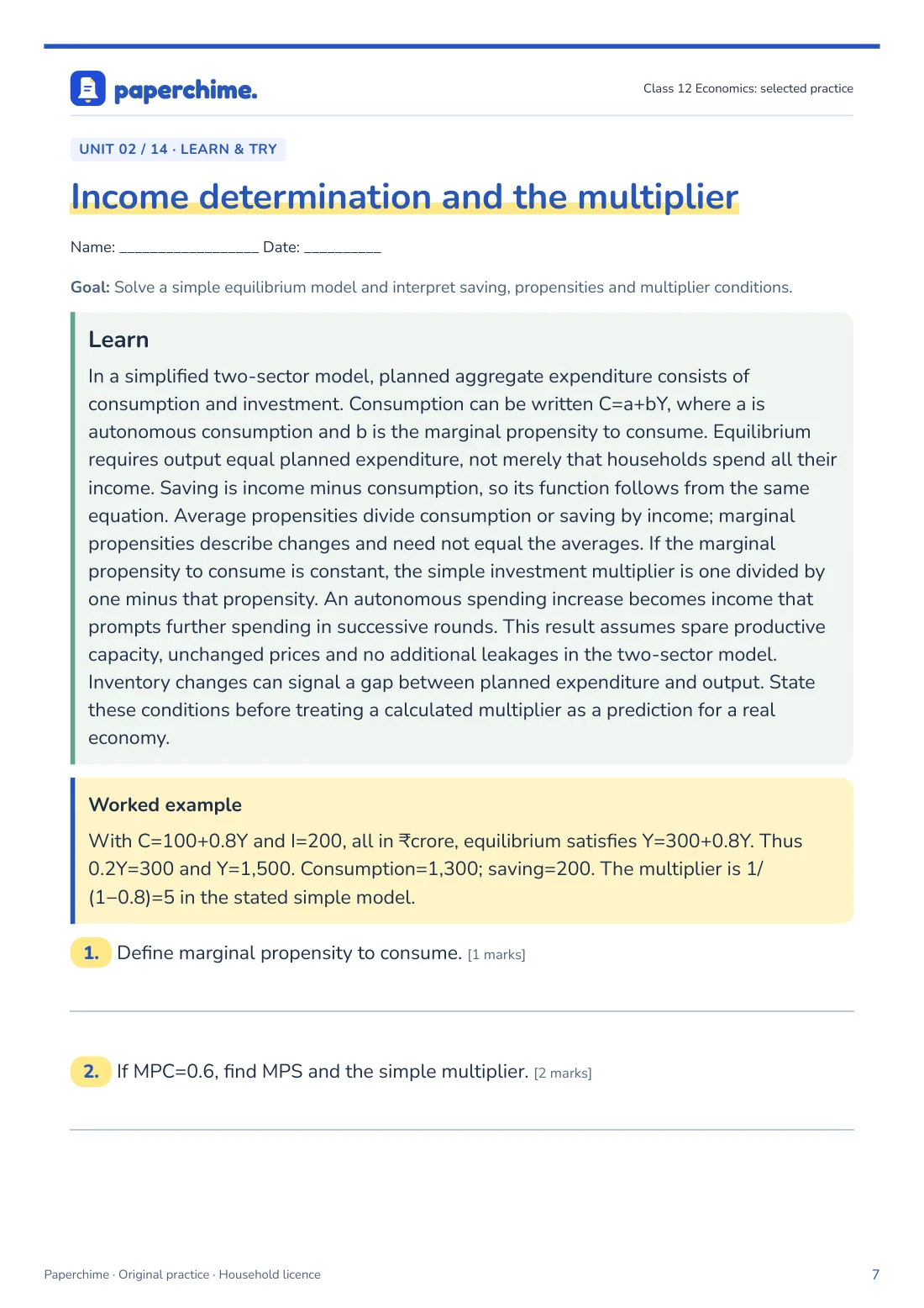 Actual Income determination and the multiplier practice page, Class 12 Economics