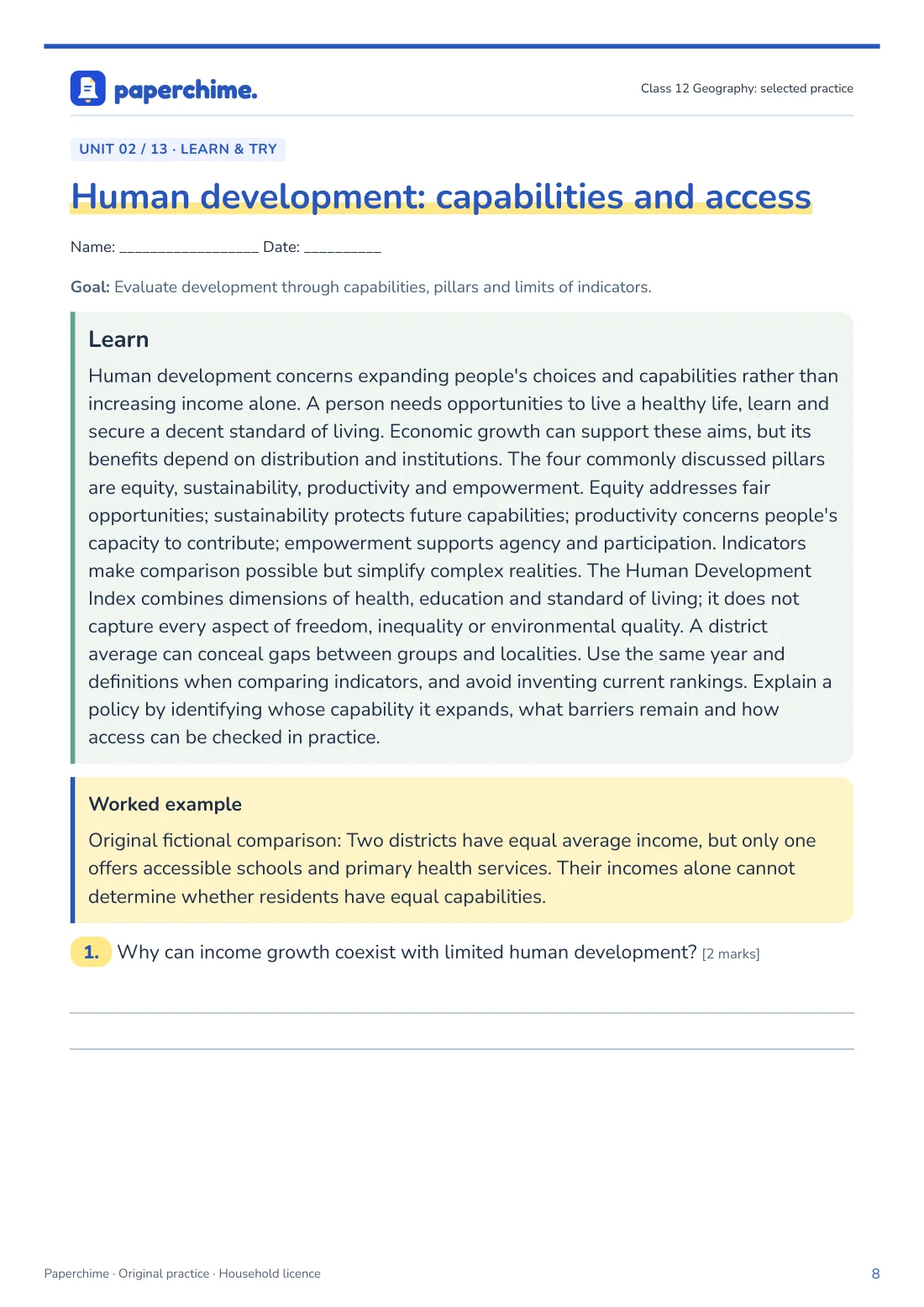 Actual Population distribution, density and growth practice page, Class 12 Geography