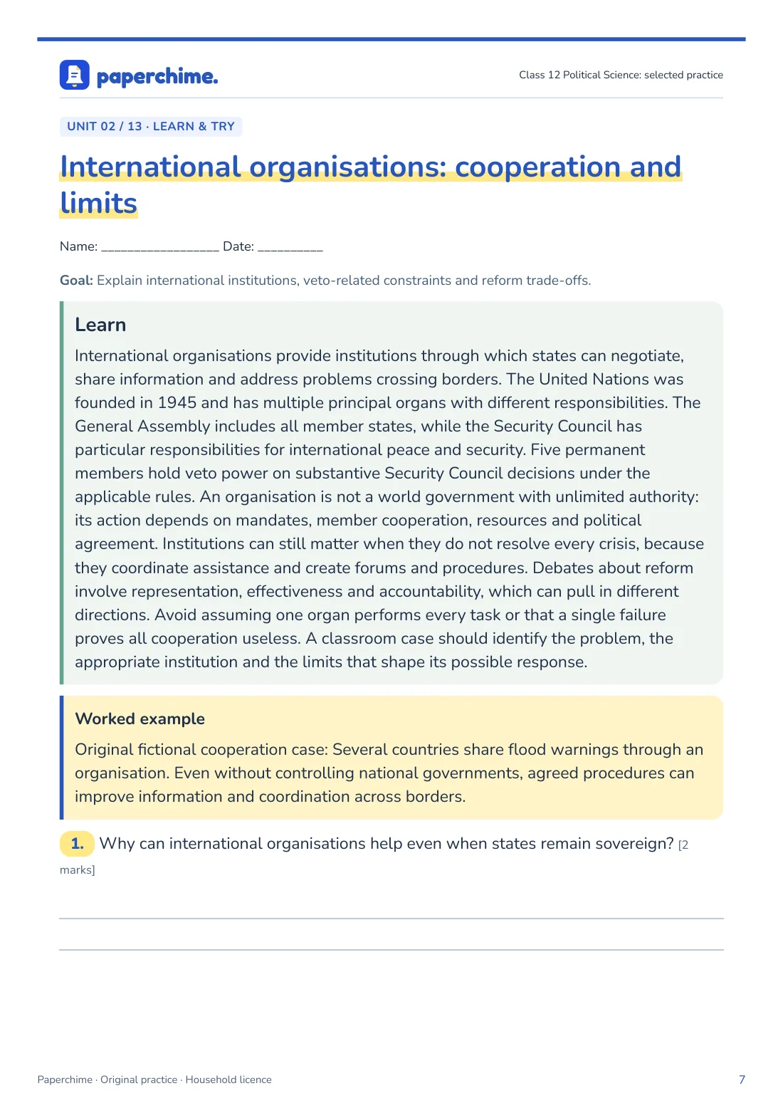 Actual International organisations: cooperation and limits practice page, Class 12 Political Science