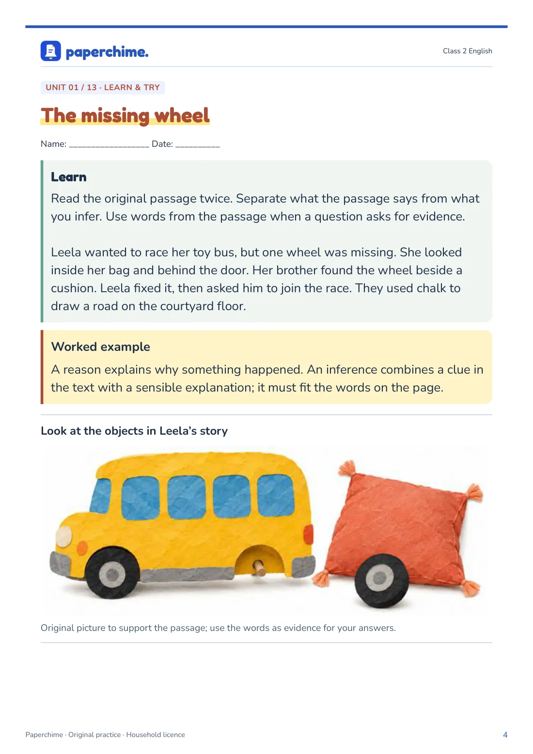 Actual The missing wheel practice page, Class 2 English