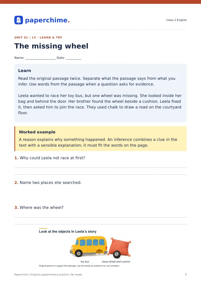 Actual The missing wheel practice page, Class 2 English