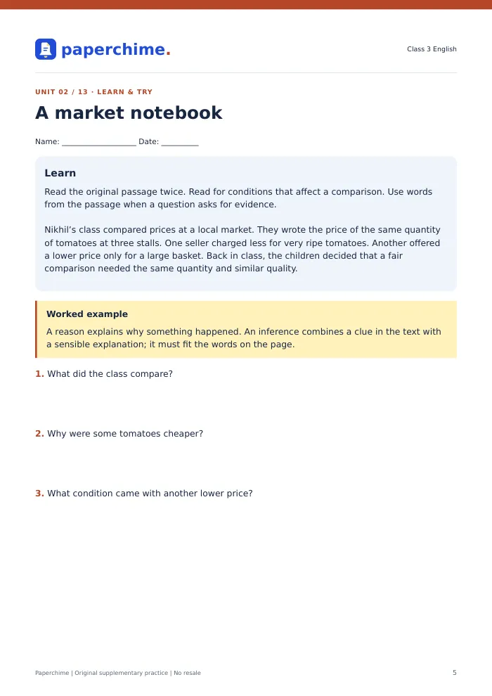 Actual A market notebook practice page, Class 3 English