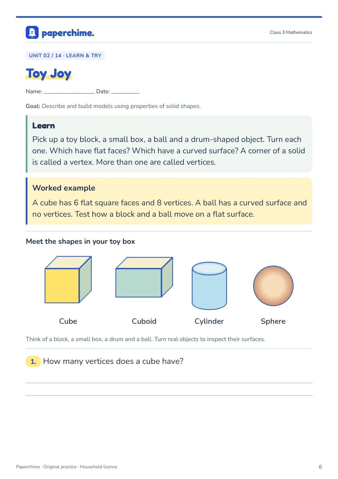 Actual Toy Joy practice page, Class 3 Maths