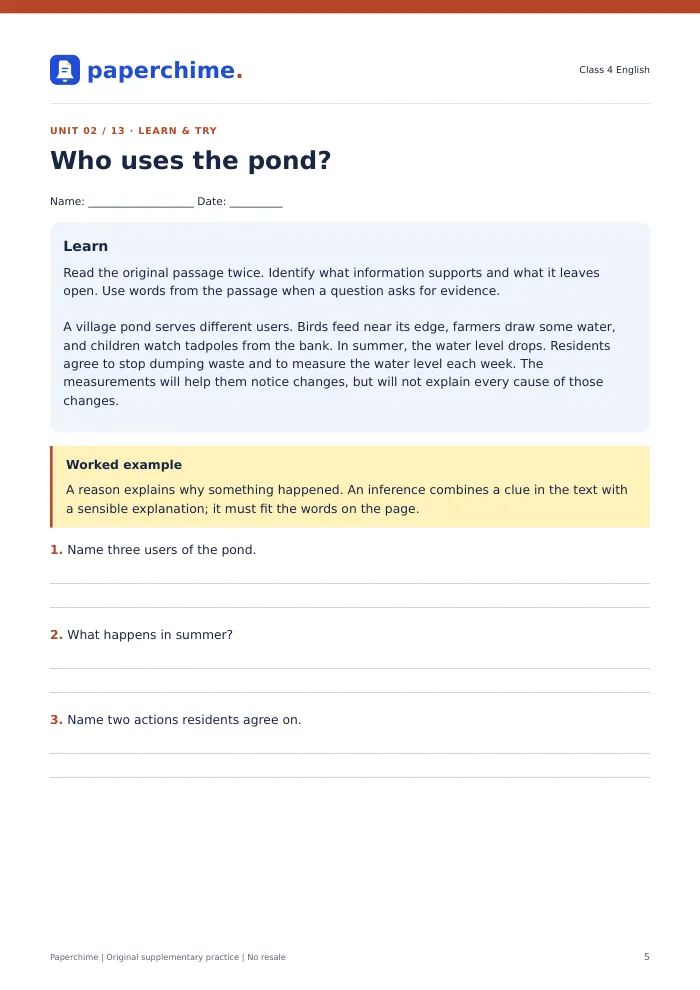 Actual Who uses the pond? practice page, Class 4 English