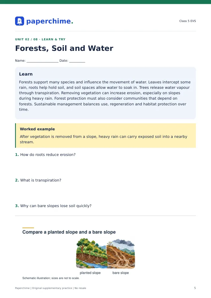 Actual Forests, Soil and Water practice page, Class 5 EVS
