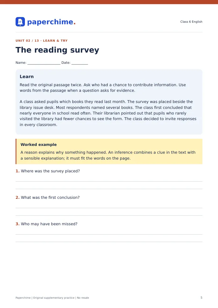 Actual The reading survey practice page, Class 6 English