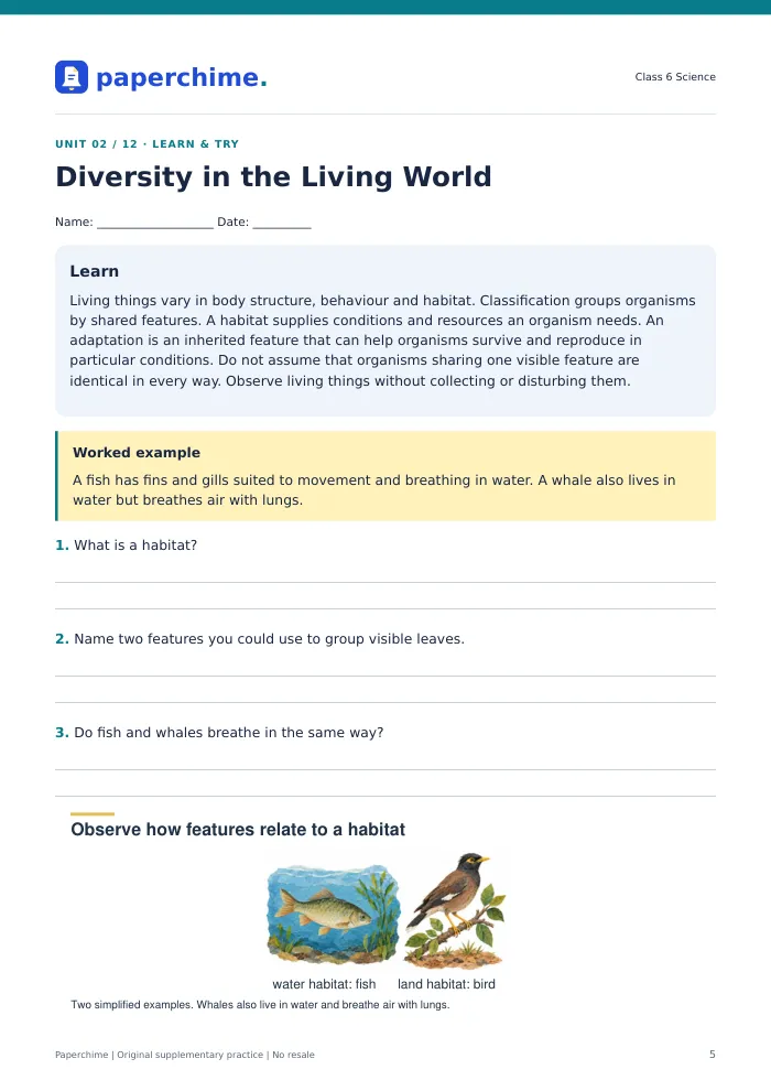 Actual Diversity in the Living World practice page, Class 6 Science