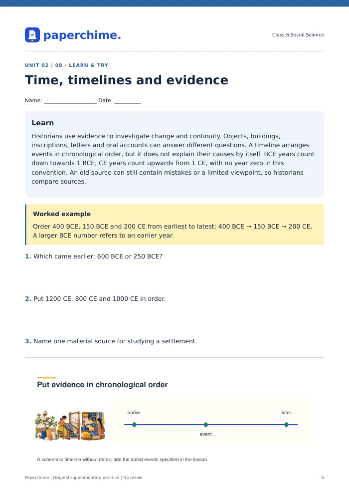 Actual Time, timelines and evidence practice page, Class 6 Social Science