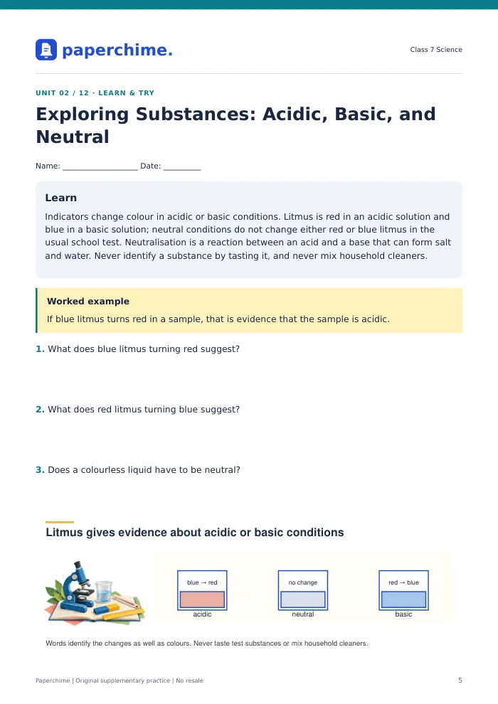 Actual Exploring Substances: Acidic, Basic, and Neutral practice page, Class 7 Science