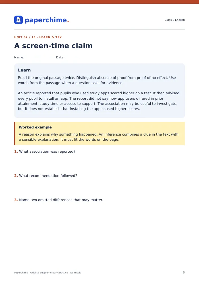 Actual A screen-time claim practice page, Class 8 English