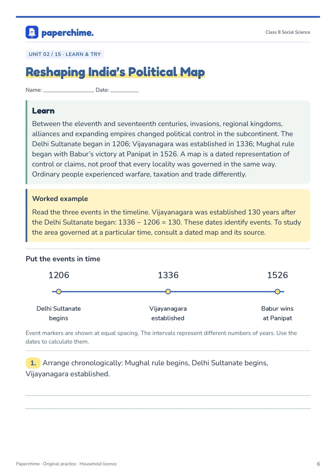 Actual Reshaping India’s Political Map practice page, Class 8 Social Science