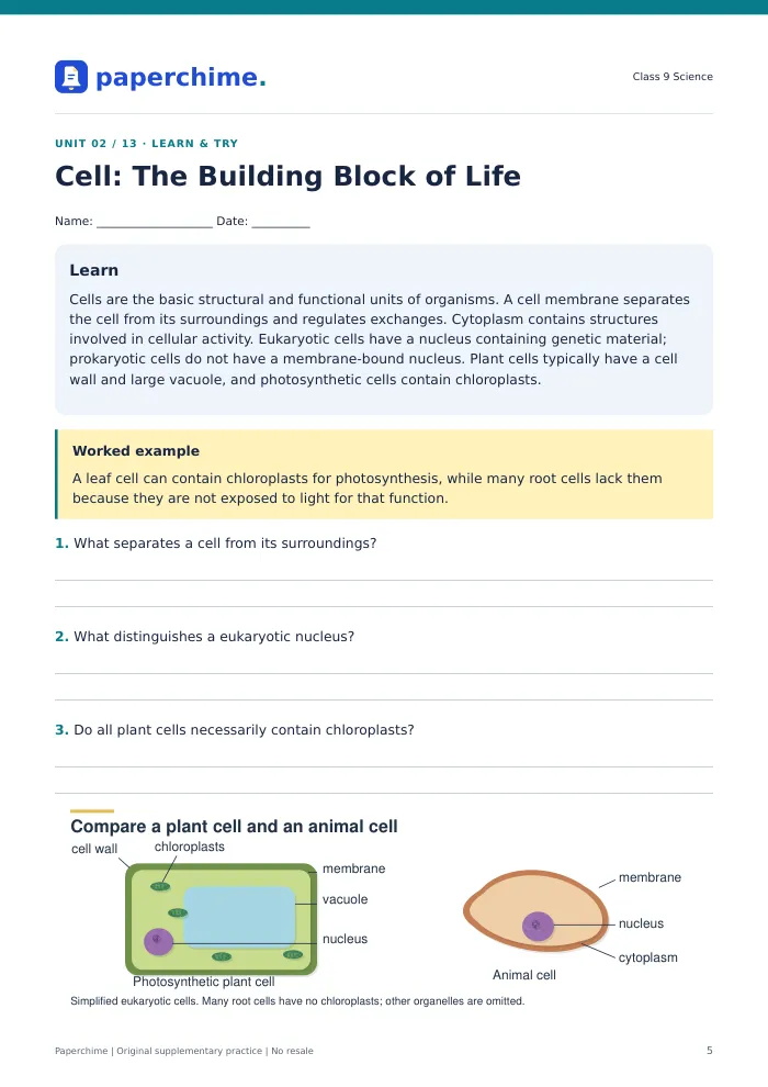 Actual Cell: The Building Block of Life practice page, Class 9 Science