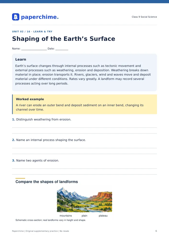 Actual Shaping of the Earth’s Surface practice page, Class 9 Social Science
