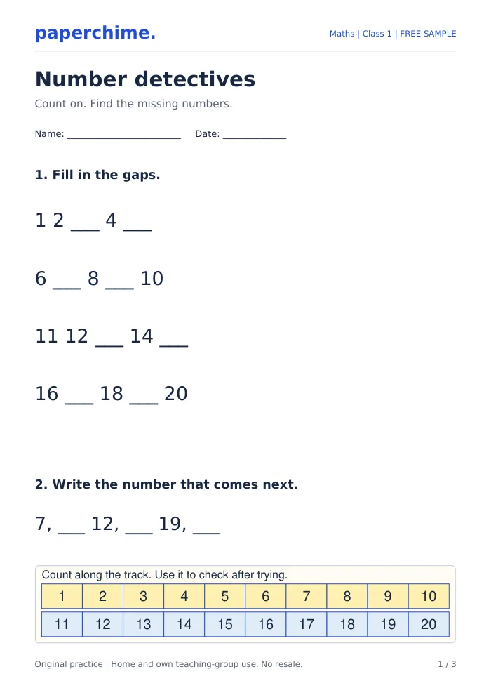 Actual Number detectives practice page, Class 1 Maths
