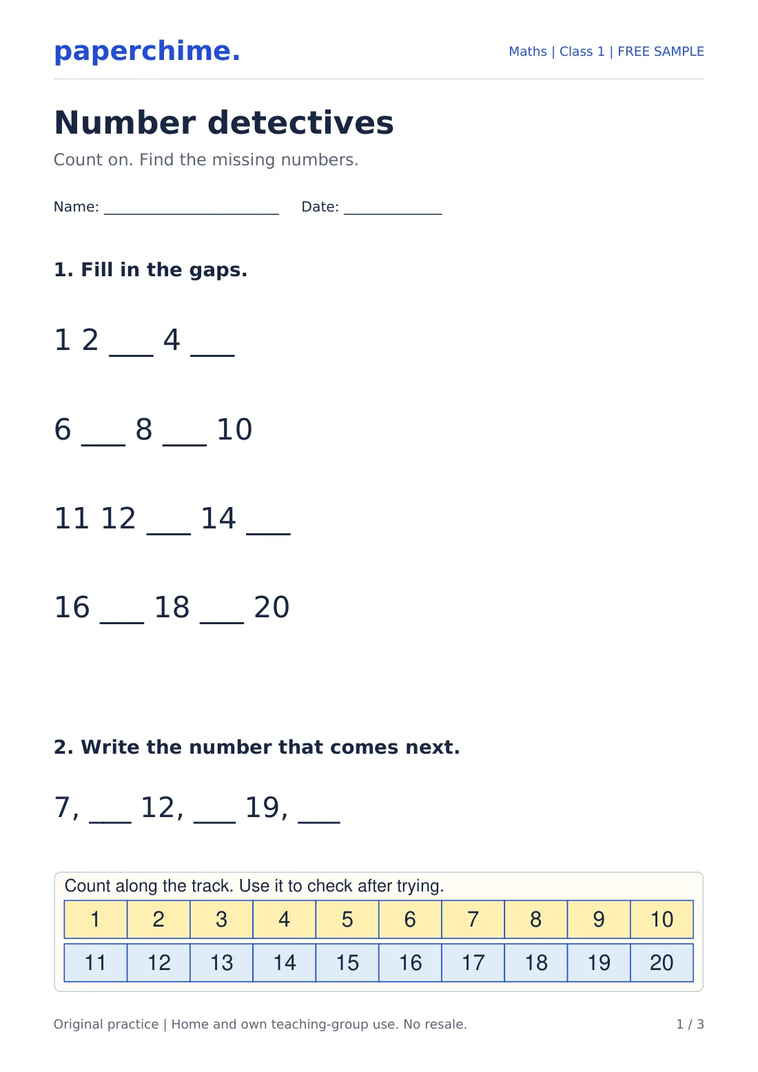 Actual Number detectives practice page, Class 1 Maths