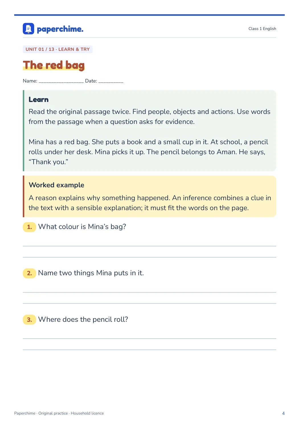 Actual learner page from Class 1 English