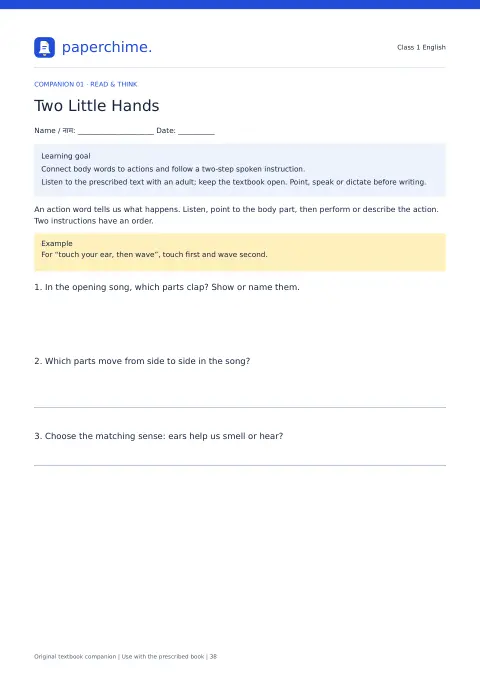 Actual learner page from Class 1 English