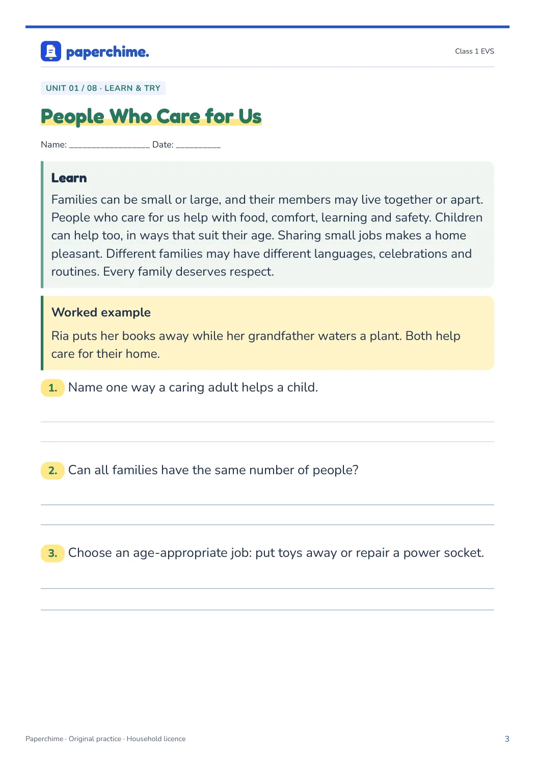 Actual learner page from Class 1 EVS