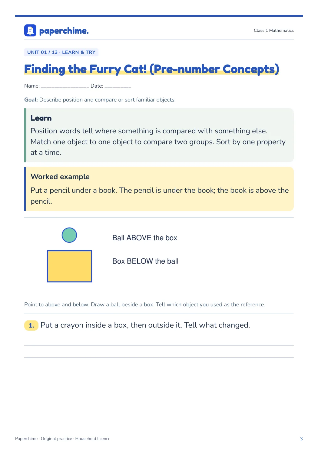 Actual learner page from Class 1 Mathematics
