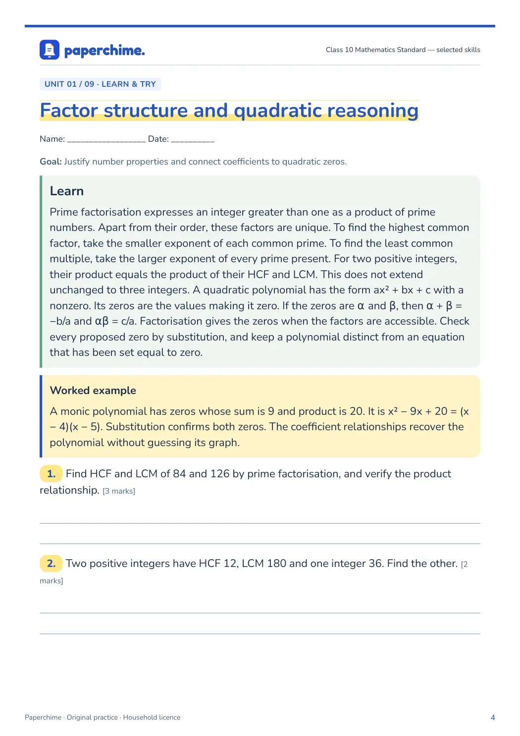 Actual concept page from Class 10 Mathematics Standard: selected skills
