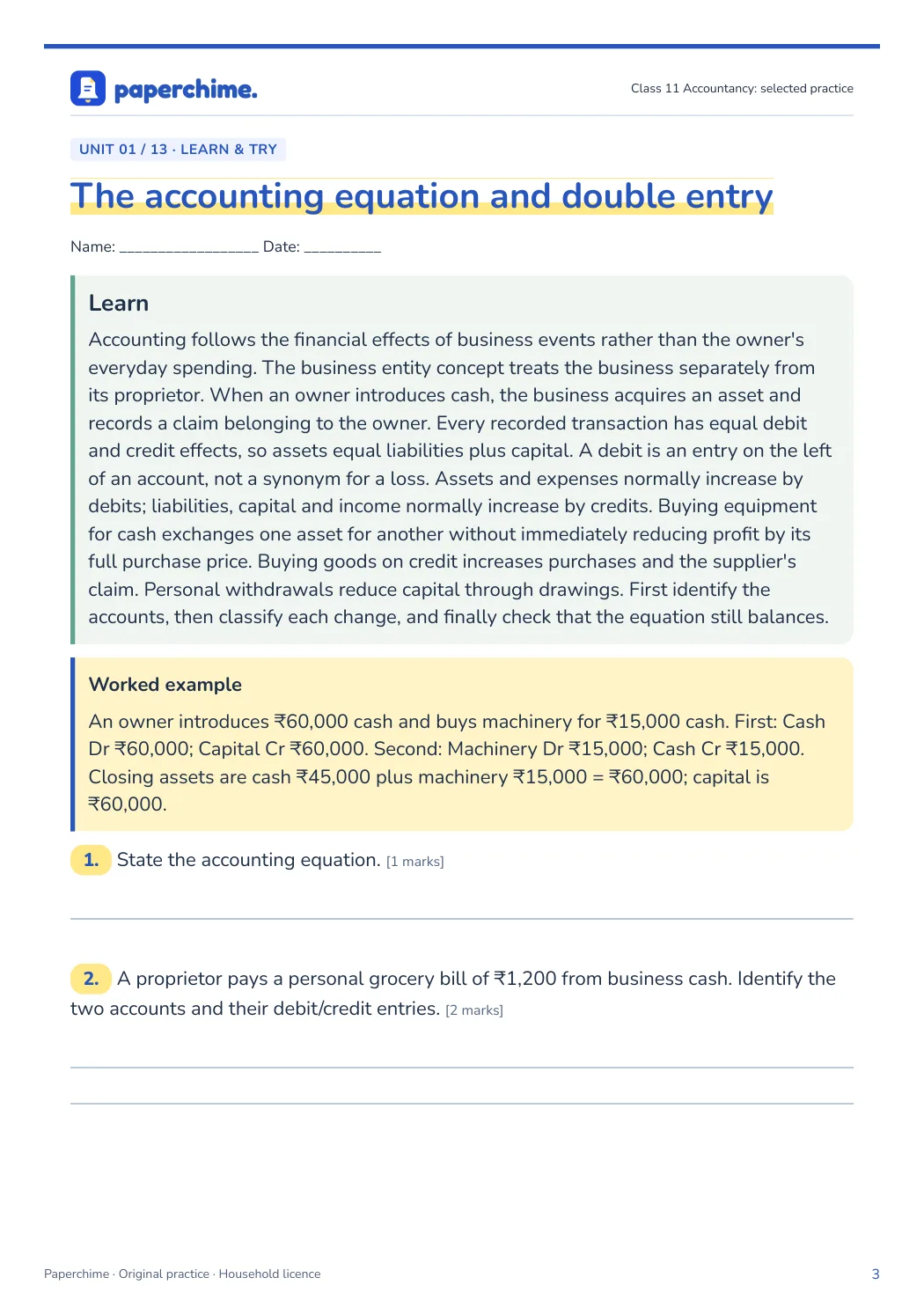 Actual concept page from Class 11 Accountancy: selected practice