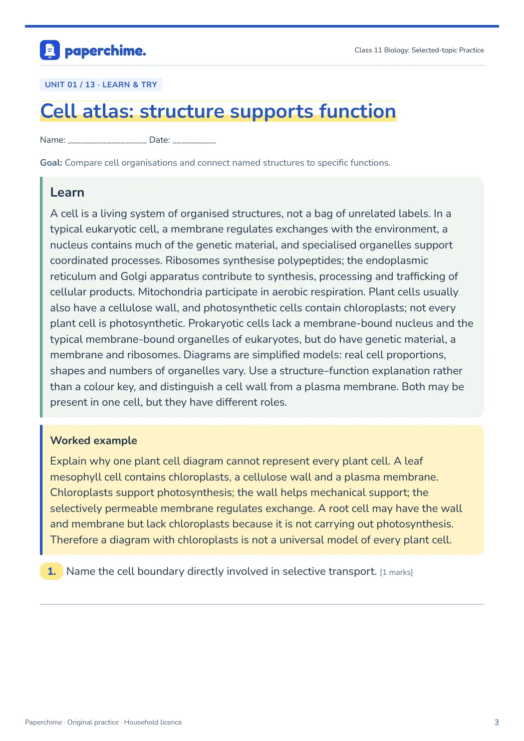 Actual concept page from Class 11 Biology: Selected-topic Practice