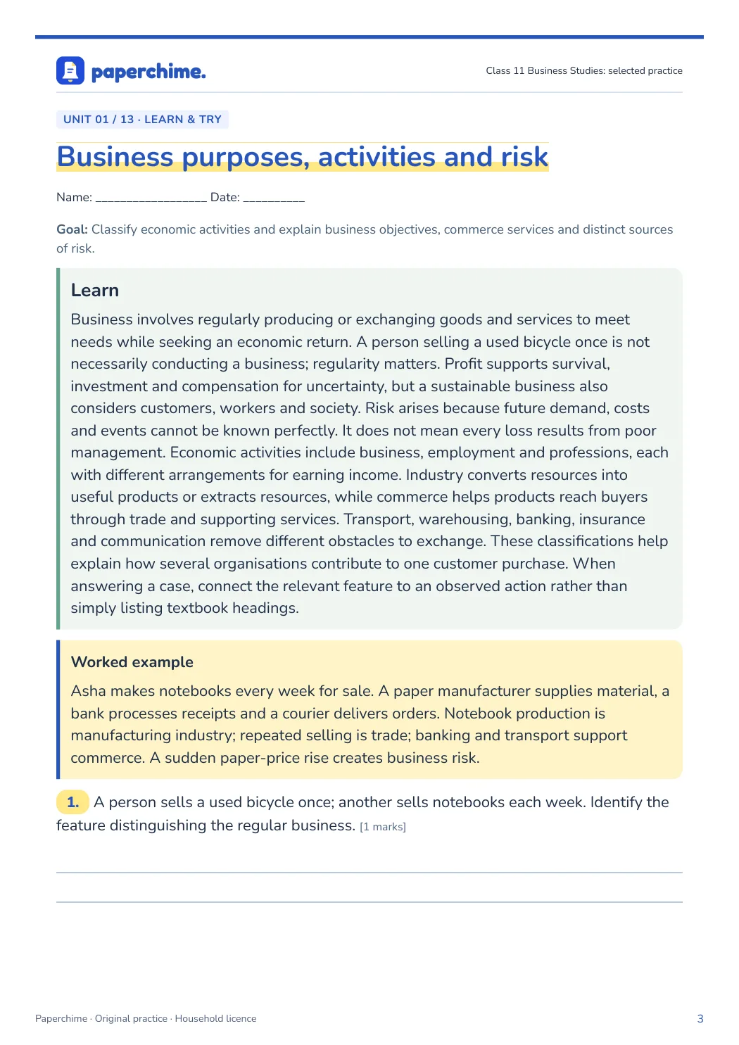 Actual concept page from Class 11 Business Studies: selected practice