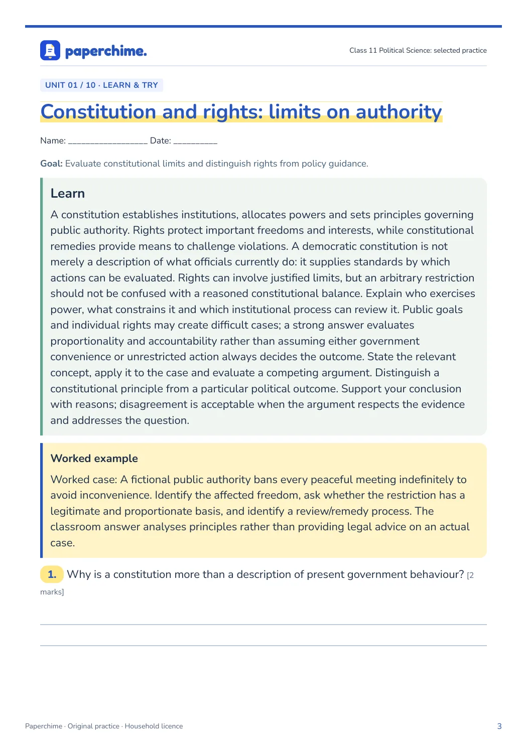 Actual concept page from Class 11 Political Science: selected practice