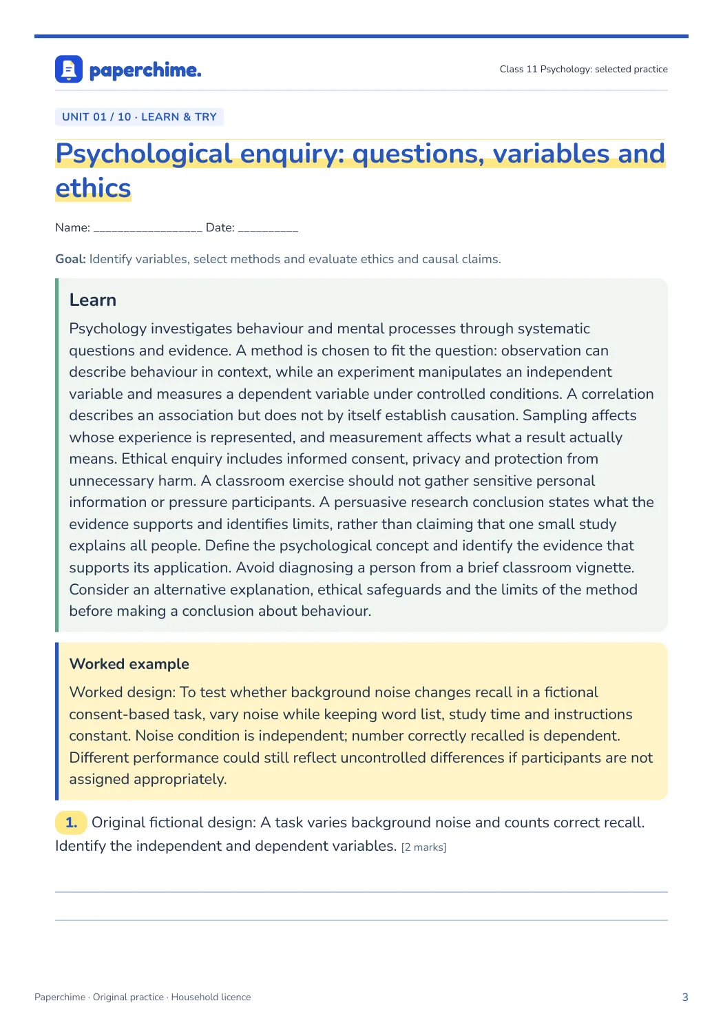 Actual concept page from Class 11 Psychology: selected practice