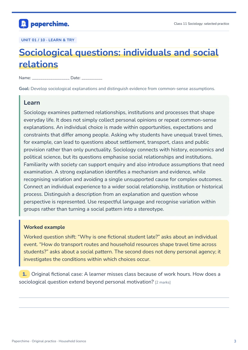 Actual concept page from Class 11 Sociology: selected practice