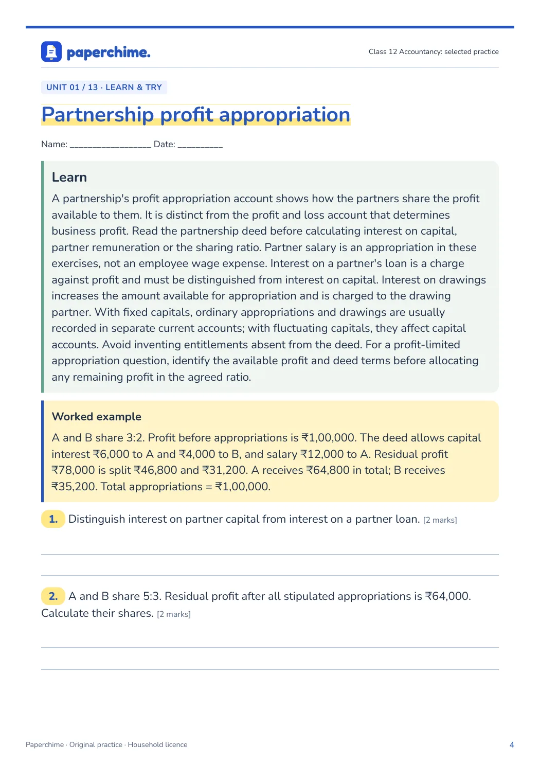 Actual concept page from Class 12 Accountancy: selected practice