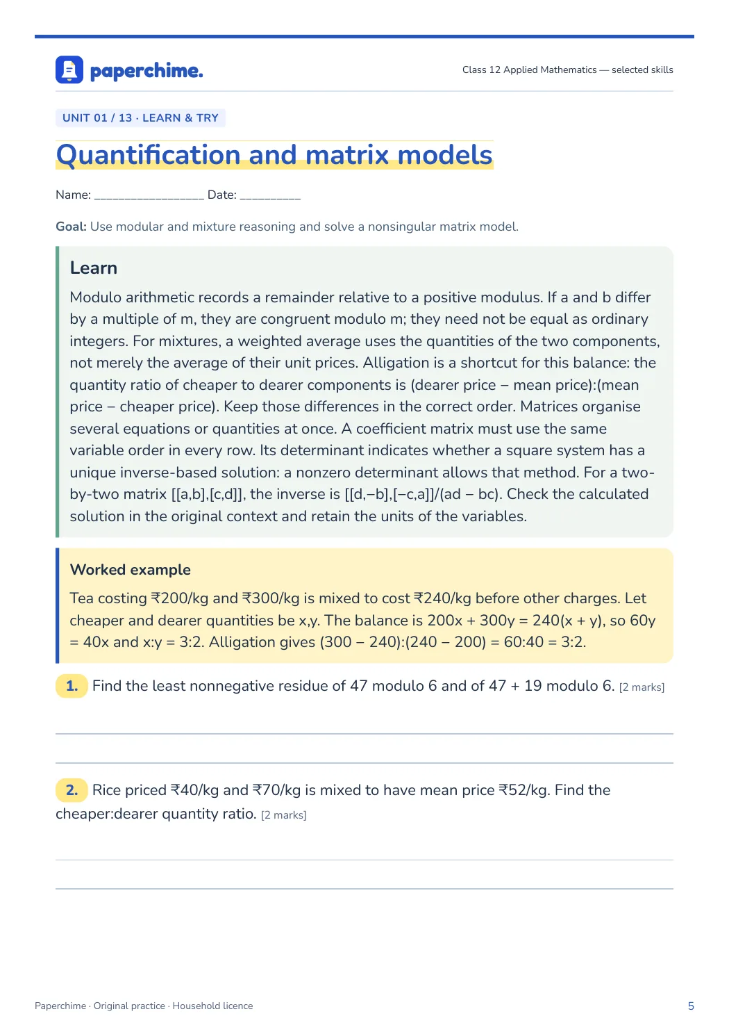 Actual concept page from Class 12 Applied Mathematics: selected skills