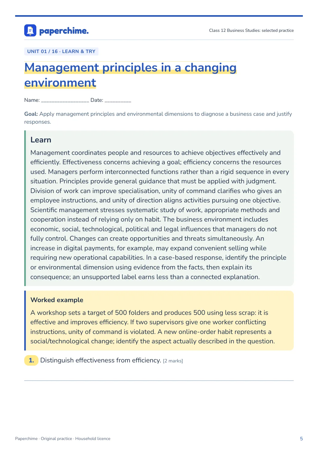 Actual concept page from Class 12 Business Studies: selected practice