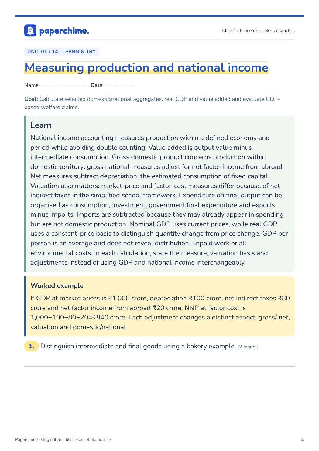 Actual concept page from Class 12 Economics: selected practice