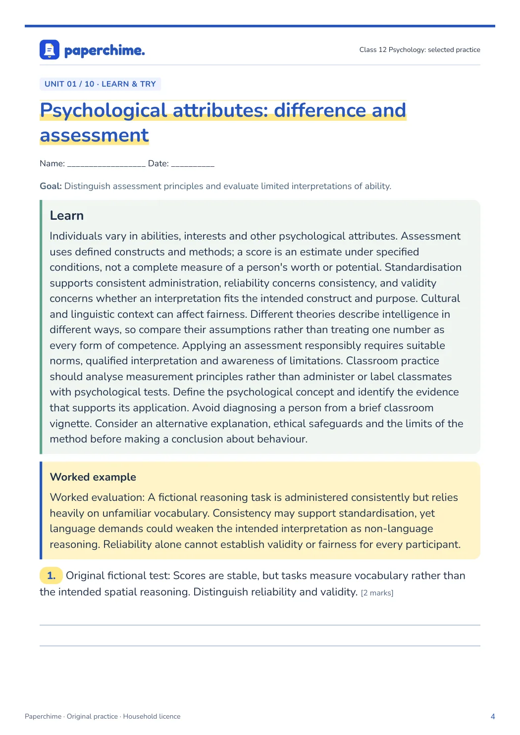 Actual concept page from Class 12 Psychology: selected practice