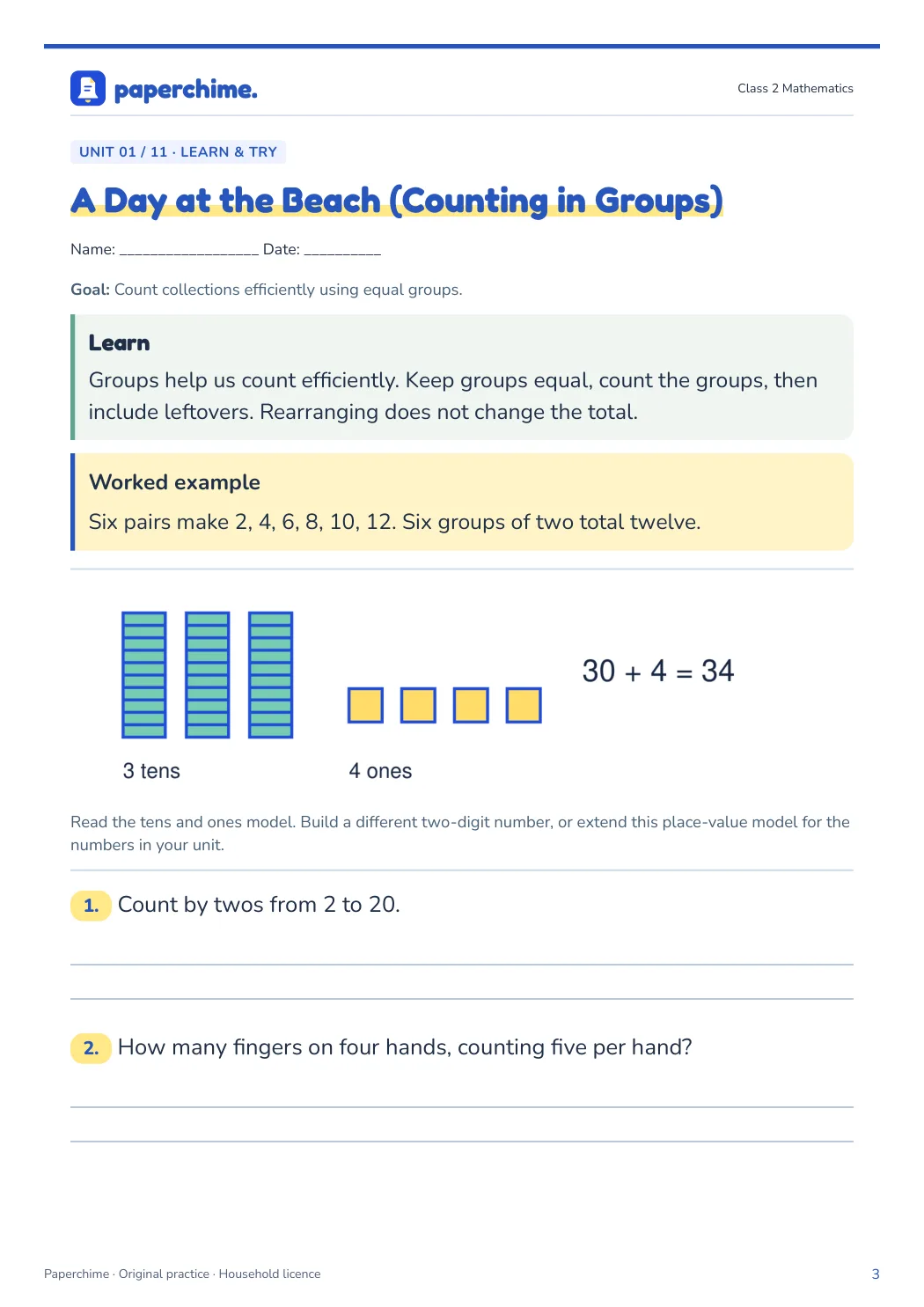 Actual learner page from Class 2 Mathematics